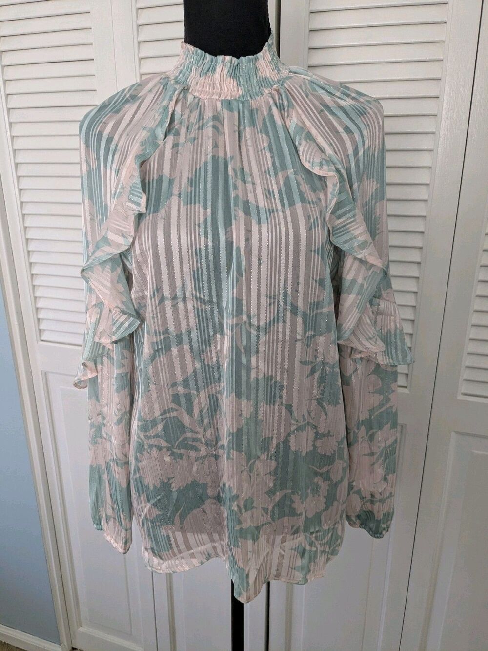 Moa Moa Blouse Women's M High Neck Ruffle Green Blush Floral Metallic Glam Top